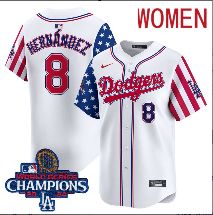 Women MLB Los Angeles Dodgers #8 Hernandez American Style white 2024 World Series Champions  Limited Jersey->women mlb jersey->Women Jersey